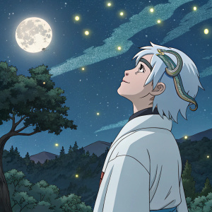 Mitsuki from Boruto, with white hair adorned by a snake, standing under a moonlit sky filled with stars. Fantasy landscape, anime style.