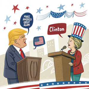 Cartoon illustration of Donald Trump and Hillary Clinton in a debate scenario, surrounded by campaign symbols and slogans.