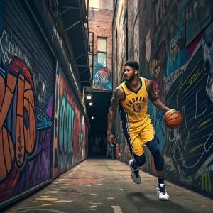 Paul George Fathead decal in a street art gallery. Graffiti-laden walls and colorful murals surrounding him.
