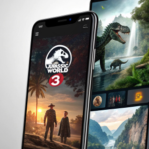 App screen displaying movie posters including one for Jurassic World 3 featuring a logo and a prehistoric landscape with a creature. Other posters vary in style and theme.
