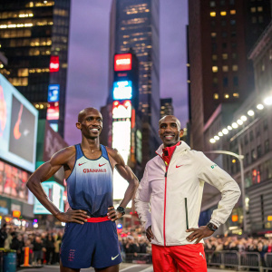 Sir Mo Farah and his Madame Tussauds wax figure stand together in Times Square, New York, amidst bustling city lights and towering skyscrapers.