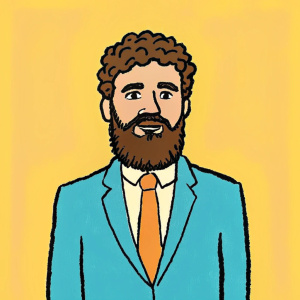 a tall businessman with short curly dark hair with a beard and no moustache