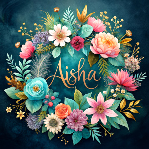 create a flower background logo with the word "Aisha" on it