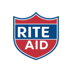 A close-up of Rite Aid's logo featuring a shield-shaped emblem. The design showcases a blend of blue and red colors with the text 'RITE AID' written in bold, white font. The logo is simple yet distinctive, emphasizing the brand's commitment to service. The color scheme allows the text to stand out against the background, while the style remains straightforward and elegant.