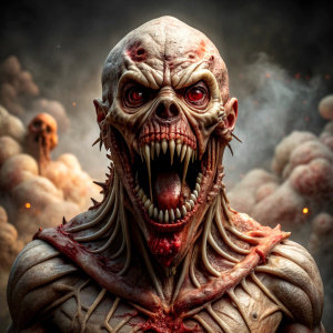 a big phantasie monster with reptile skin and a big mouth with sharp teeth ((anime_style)), blood, skulls and bones, perfect composition, realistic anatomy, high details