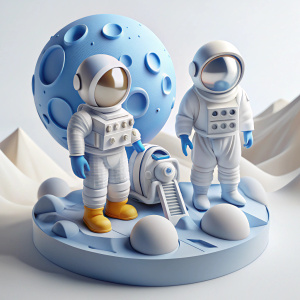 3D Render of a clay Lunar Landscape Diorama with Moon Base, Rover, and Astronauts, on isolated white background