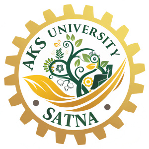 Dynamic logo for Aks University Satna. Centered around a gear design with intricate plant-like emblem. Predominantly yellow with accents of green and touches of other colors.