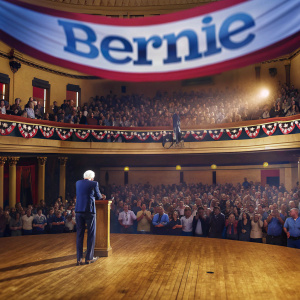 Bernie Sanders addressing a packed auditorium. Crowd cheering wildly, waving 'Bernie' banners.