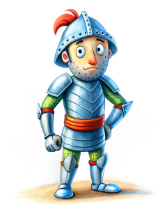 funny cartoon illustration of a knight injured full body, cartoon effect, white background