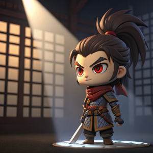 3D model of a character resembling Yasuo from League of Legends. Character in spotlight with intricate grid pattern background, expression focused with red-toned eyes