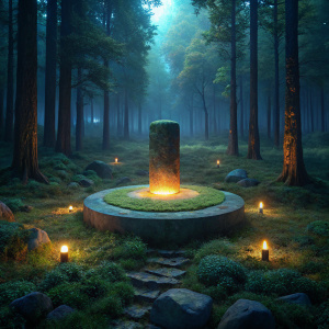 standing altar stone round,  in the forest, at night in a clearing