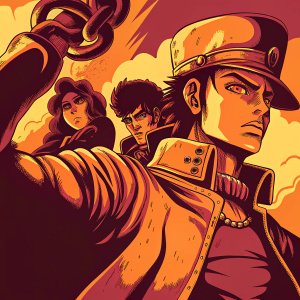 Comic book cover illustration of Jotaro from JoJo's Bizarre Adventure. Detailed artwork featuring Jotaro in the foreground with other characters surrounding him. Dynamic poses and vibrant colors. Anime style art.