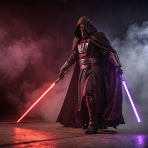 Darth Revan, a male character with a menacing aura, clad in a flowing robe and armor. Holding dual lightsabers, one red and one purple. Set against a dark, shadowy backdrop with a dramatic smoke-like effect. The scene is dominated by dark tones with red and purple accents.