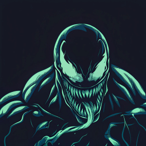 Highly detailed 3D render of Venom. Character design with menacing facial expression. Dark, monochromatic tone. Various digital art tools visible on the interface side panel.