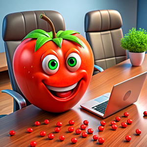 Imagine a lively, 3D realistic one tomato character smilling sitting comfortably behind a computer desk, enthusiastically working on creating a website with happy client. without background