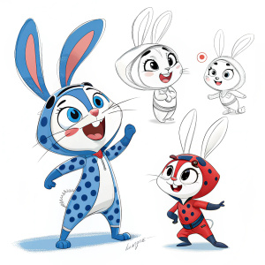 Digital art featuring detailed sketches of the Miraculous Ladybug character Lapin. Multiple poses and outfits with a blue and white color scheme. Expressive and dynamic illustrations.