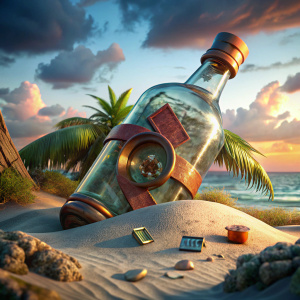 3d stylized giant pirate glass rum bottle with a rolling letter inside,abandoned on an island