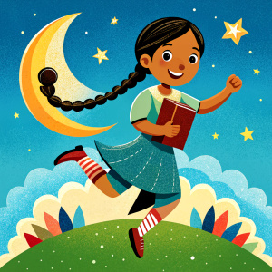 niña tez morena trenza volando con libros