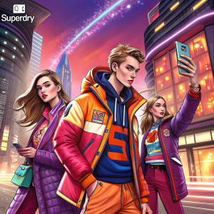 Instagram-style ad campaign for Superdry. Fashionable models in urban setting. Vibrant colors, trendy outfits, sale tags, and prominent Superdry logo.