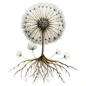 drawing line art for tatto sketch of Simple Dandelion with roots depicted underground, black line, white background