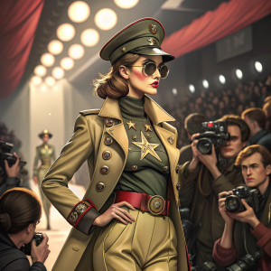 Confident model in military-inspired Moschino ensemble. Crowded fashion show. Flashing cameras.