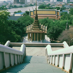Pichai Yathikaram Temple in Bangkok, a majestic structure with multiple levels of stairs and intricate gold detailing. Set against a vibrant city backdrop.