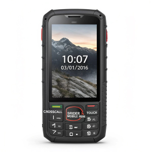 Crosscall Spider X4 Tough Mobile Phone, featuring black and rugged design. Screen displays 10:07, 03/01/2016. Numeric keypad visible.
