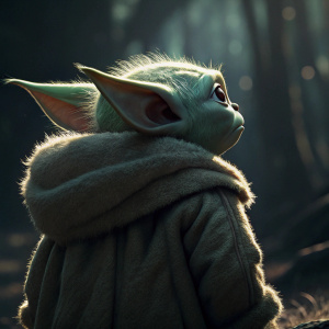 Close-up of Baby Yoda's furry back. Dark, mysterious background. Soft lighting