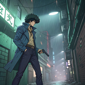 Spike Spiegel, from the animated series Cowboy Bebop, portrayed in a dynamic manga-style panel. Spike stands in a gritty alleyway filled with neon lights and rain, enhancing the cyberpunk atmosphere.