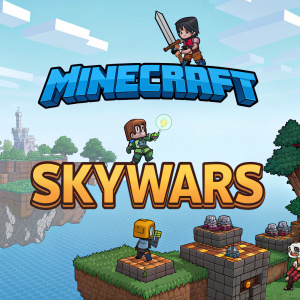 Promotional graphic for Skywars Minecraft servers. A pixel-art style illustration with characters and elements from the game. Minecraft logo featured at the top, along with text explaining the game's concept and gameplay.