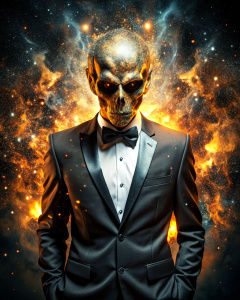 effect, photoshop action, realistic alien c human body in tuxedo, gold, flames of fire, sparks, dust, explosion, effect, quality xd, micro detail sharpening,