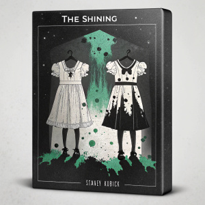 DVD cover illustration for Stanley Kubrick's 'The Shining'. Black and white dresses with splashes of green color. Spanish text mentioning Stanley Kubrick.