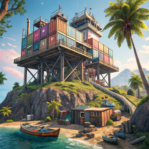 A futuristic digital 3D rendering of an industrial-themed structure in Fortnite, called the Fortilla. It's on stilts, constructed with multicolored shipping containers, nestled on a rocky hillside dotted with palm trees and small boats, under a clear blue sky.