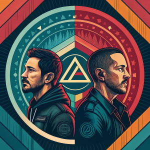 Digital artwork for a Linkin Park album release. Vibrant color palette, geometric shapes, layered compositions, intricate details.