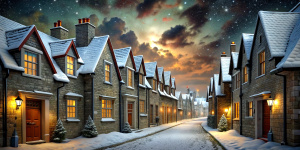 Street of a Victorian city. Winter, white fluffy snow lies on the pavement. Midnight, very dark, stars and clouds in the sky. Stone houses with red tiled roofs, wooden window frames, wooden doors. The windows are lit from the inside with dim, weak light. Christmas decorations and garlands on the windows and doors. A number plate on each door. People in winter clothes a seen in the distance.