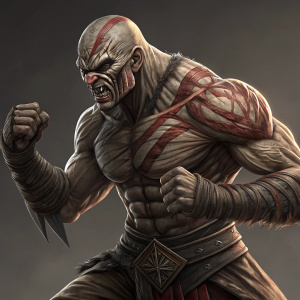 Baraka, character from Mortal Kombat, mid-fight pose, detailed scars and muscle definition, plain dark background.