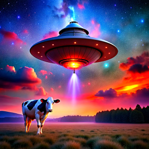 Spaceship kidnapping a cow. It is floating in the air below the ship and its light