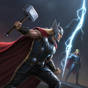 In-game screenshot of Thor from Marvel Ultimate Alliance 2. Detailed muscular version wielding a lightning-bolt weapon and traditional helmet. Alternative streamlined version with cloak-like attire.