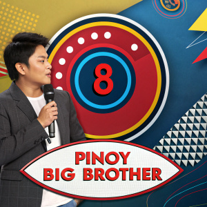 Promotional poster for Pinoy Big Brother. The image features a speech bubble with the number '8' prominently displayed in bold, vibrant colors. The background is a modern, colorful design with eye-catching elements.