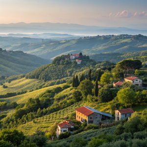 Grisi, Sicily, Italy, Europe landscape. Rolling hills covered in lush greenery with scattered red roofs of houses. Serene and picturesque.