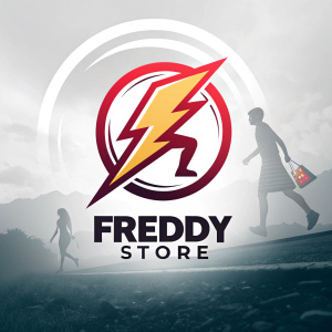Stylized logo for Freddy Store. Modern and bold design. Central element is a vibrant, dynamic lightning bolt, symbolizing speed and electricity.