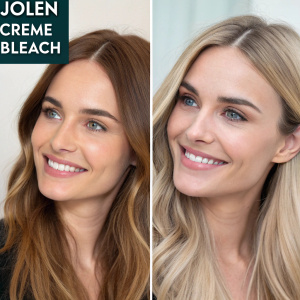 Before and after transformation of eyebrow color using Jolen Creme Bleach. Woman with fair skin, long hair, and a joyful expression. Text at the top highlights the changes.