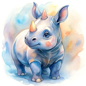 very cute rhino clipart, organic forms, in the style of collaboration by Jon Klassen and Oliver Jeffers desaturated light and airy pastel color palette, nursery art, white background