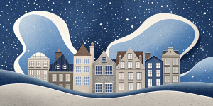 White illustration, rene magritte aesthetics style, street of surreal many historical houses, briges and trees, big  ocean, galaxy sky, soft lines, grainy paper