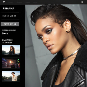 Rihanna's official website featuring sections for her latest music video, upcoming tour dates, merchandise store, and charitable initiatives.