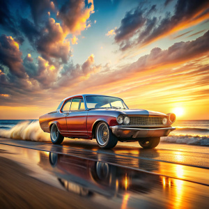 1960's nascar, race car, lowered suspension, oversized wheels, motion blur, cinematic beach background