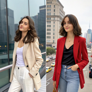 Before and after makeover of a young woman. Long wavy brown hair styled into a sleek bob. Beige blazer swapped for a vibrant red one. White top now a stylish black blouse. Loose-fitting pants replaced with fitted denim jeans. Modern cityscape background.