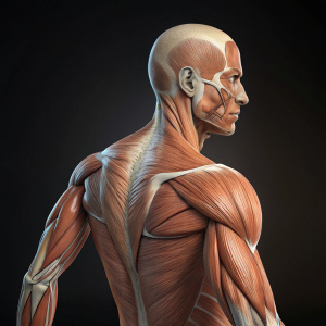 3D rendering of arm muscles, highlighting the triceps. Detailed and realistic. Dark background