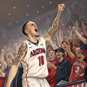 Gabe York, celebrating after a victorious game. Wearing the iconic white Arizona Wildcats jersey with arm raised. Cheers from the crowd fill the air