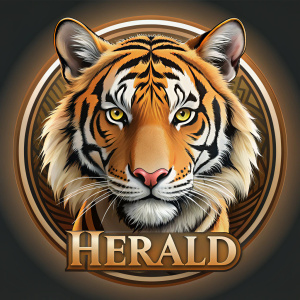 A male tiger head with text "Herald", furry style, circle frame,